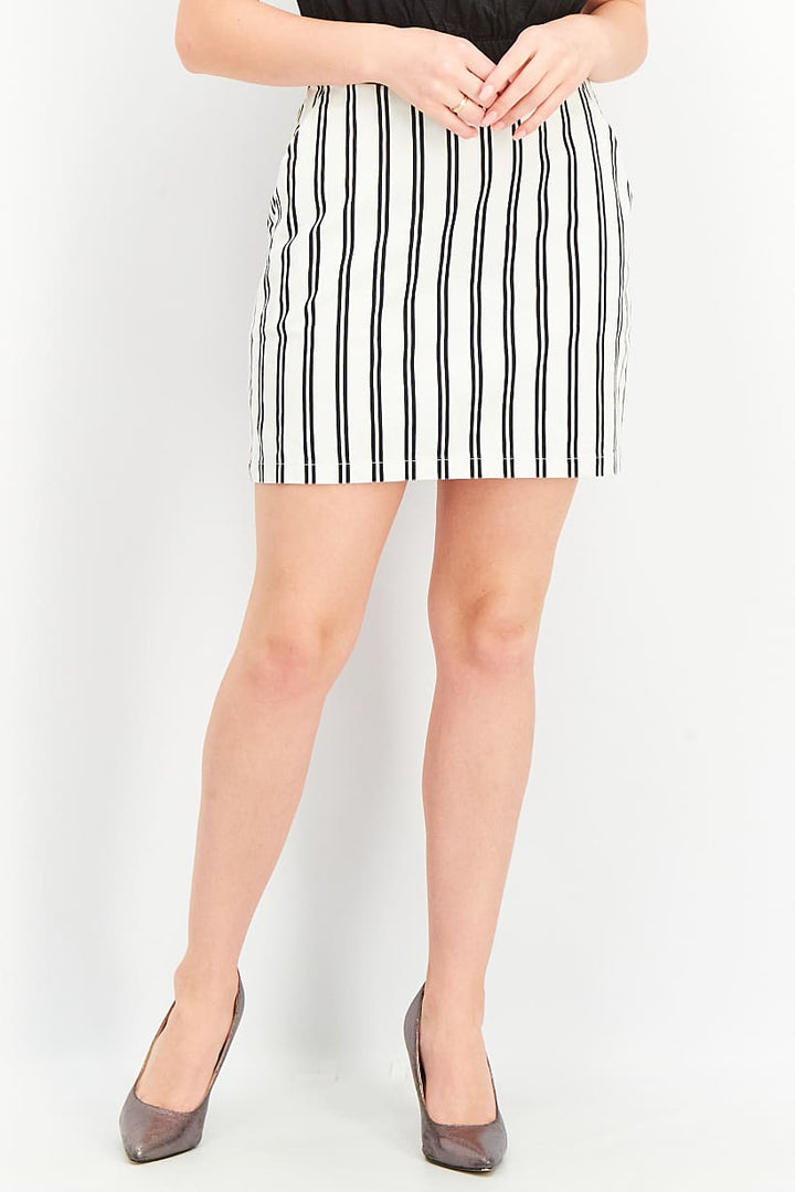 Women Regular Fit Stripe Mini Skirt, Ivory/Black