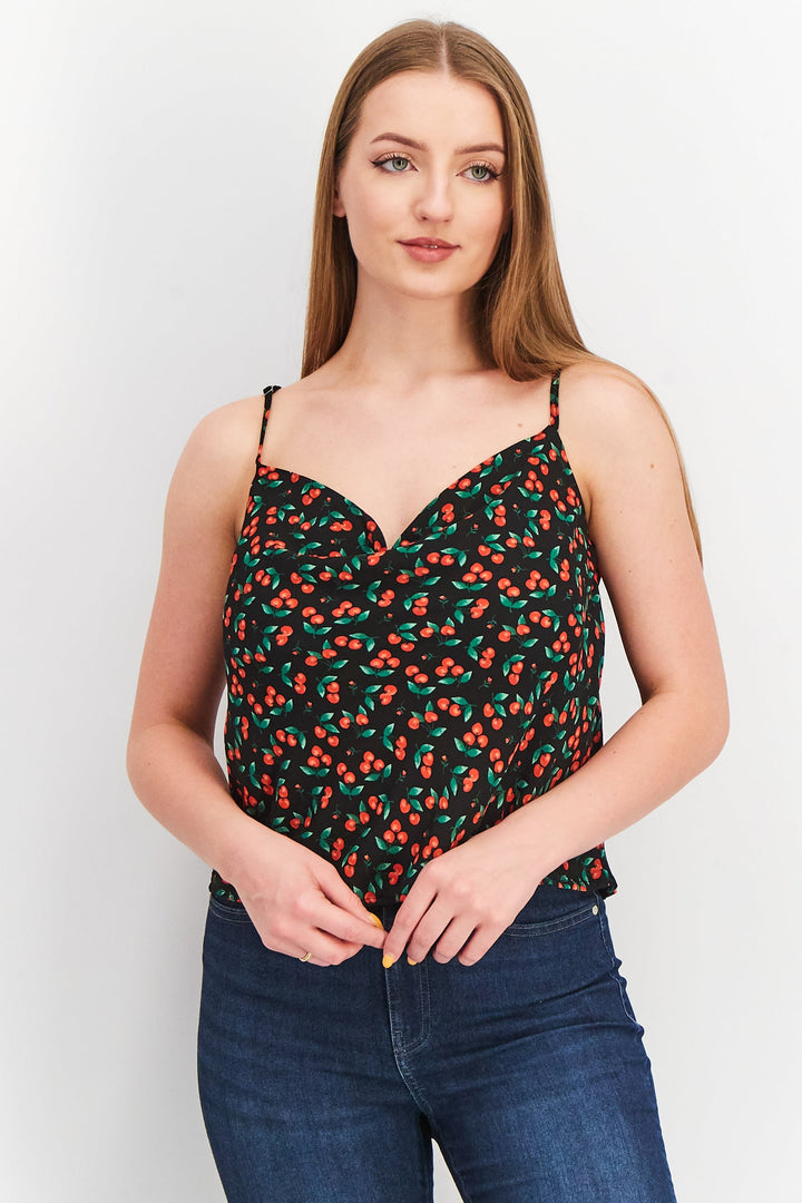 Women Cowl Neck Sleeveless Allover Print Crop Top, Black/Red