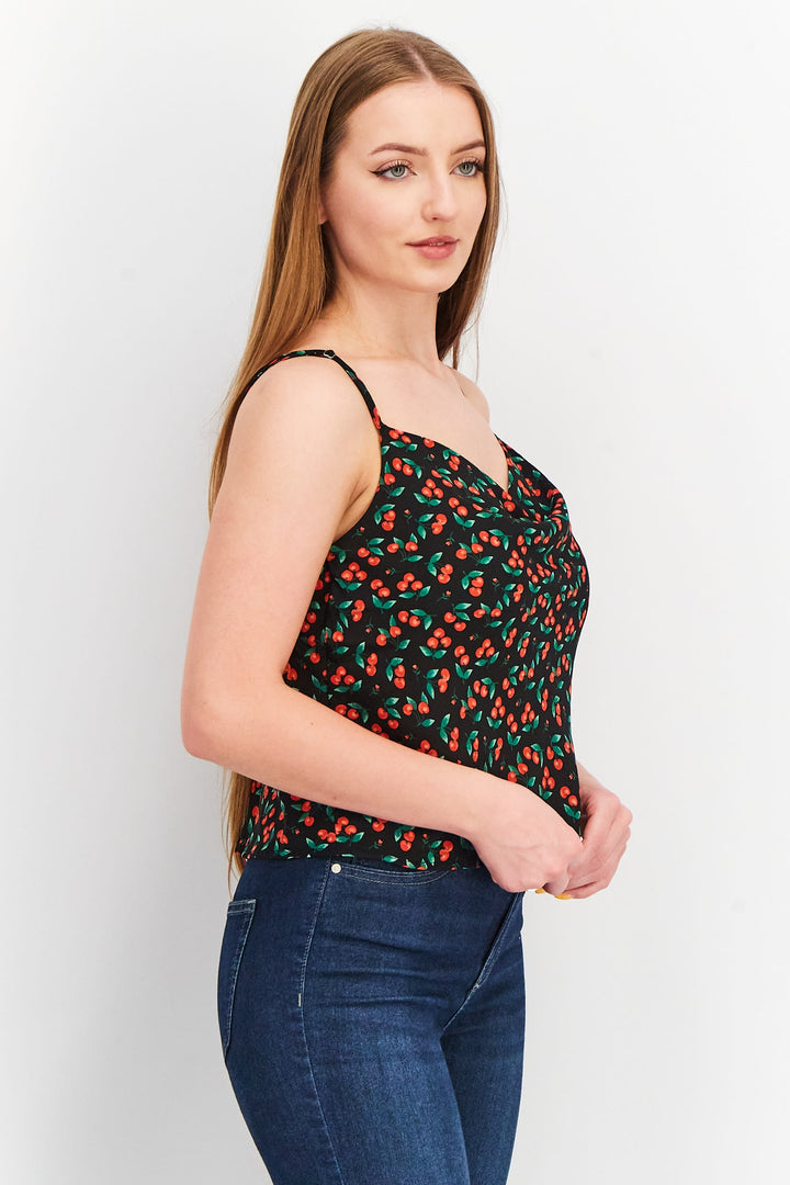 Women Cowl Neck Sleeveless Allover Print Crop Top, Black/Red