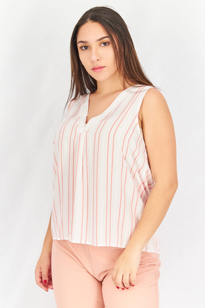 Women V-Neck Sleeveless Stripe Tank Top, White/Pink