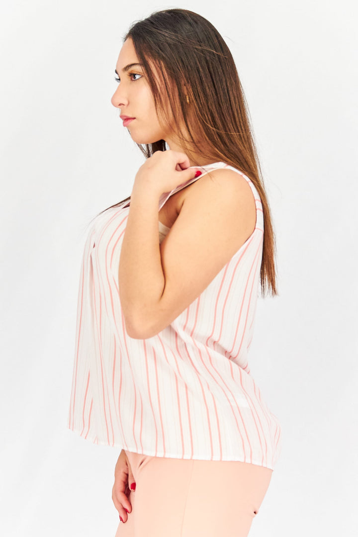 Women V-Neck Sleeveless Stripe Tank Top, White/Pink