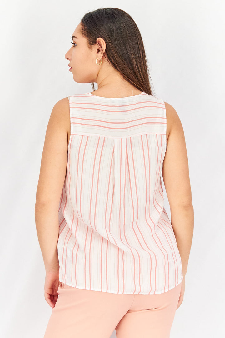 Women V-Neck Sleeveless Stripe Tank Top, White/Pink