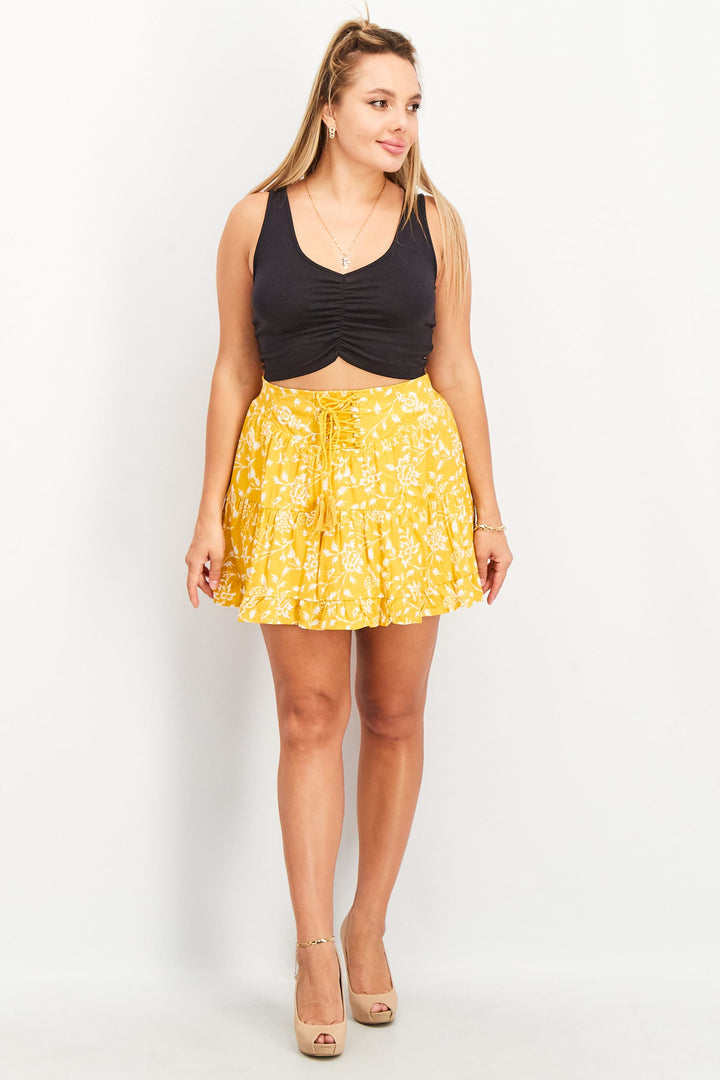 Women Allover Print Mini Skirt, Mustard/White