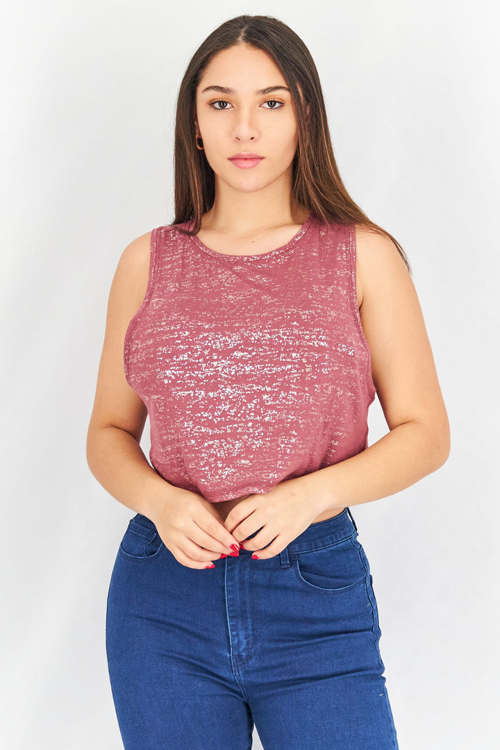 Women Round Neck Sleeveless Textured Top, Mauve/Gold Combo