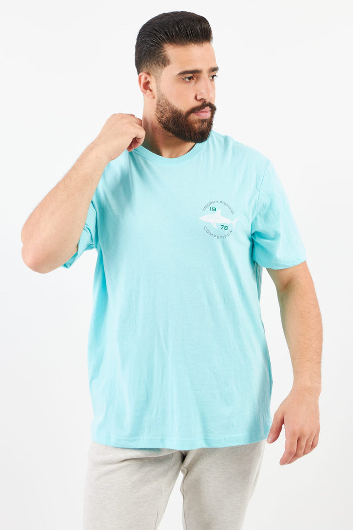 Men Crew Neck Short Sleeves Graphic Print T-Shirt, Turquoise