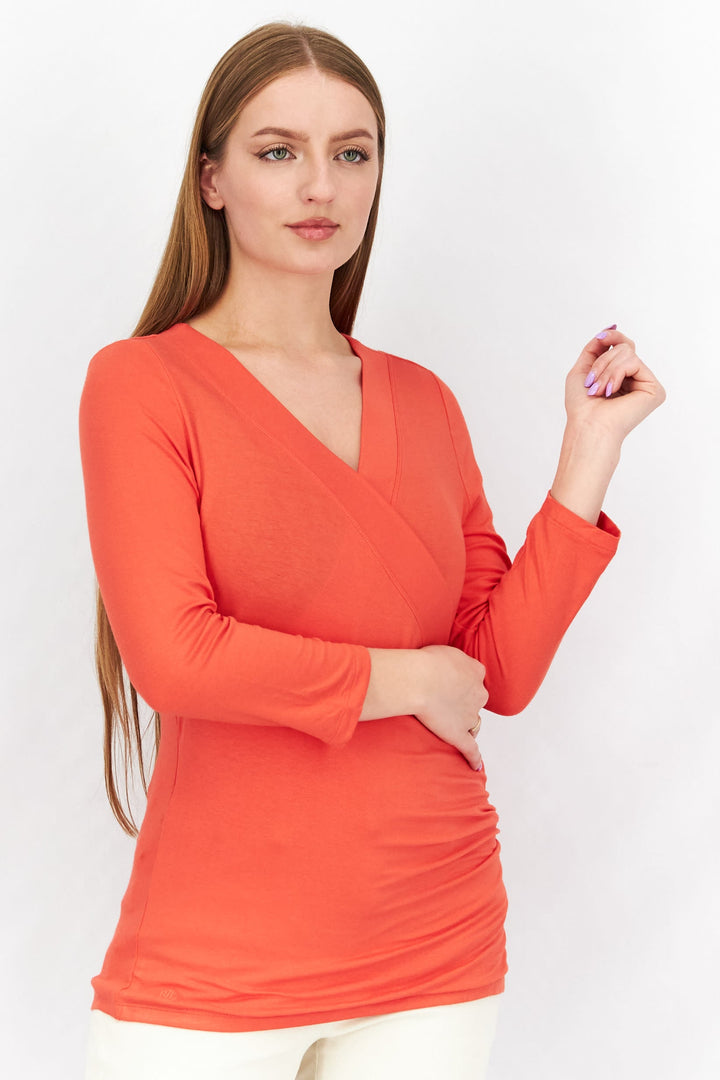 Women Surplice Neck Long Sleeves Textured Top, Orange