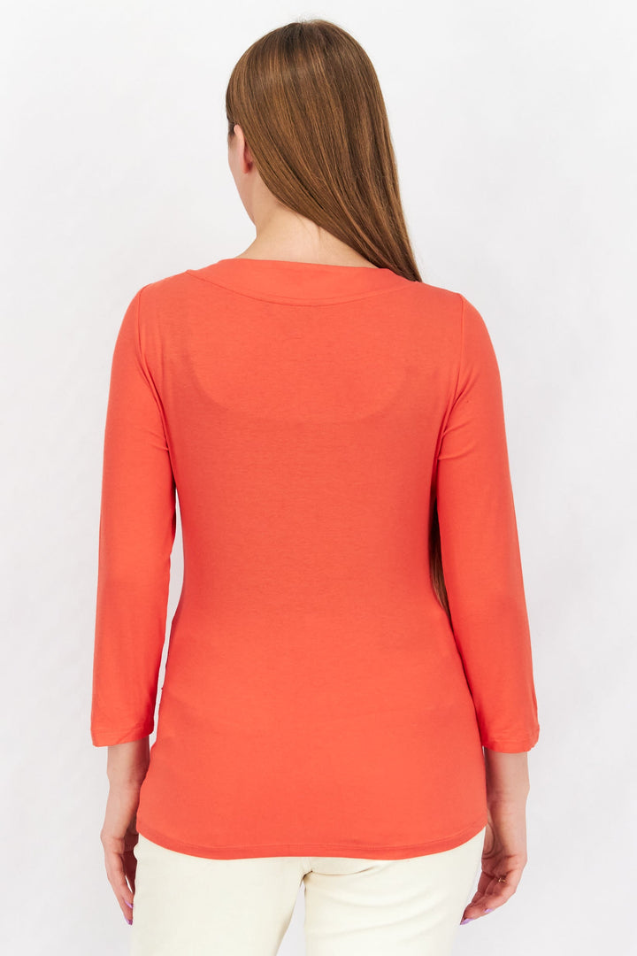 Women Surplice Neck Long Sleeves Textured Top, Orange