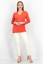 Load image into Gallery viewer, Women Surplice Neck Long Sleeves Textured Top, Orange
