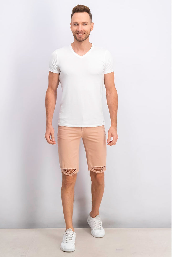 Men Straight Fit Rip Denim Shorts, Tan