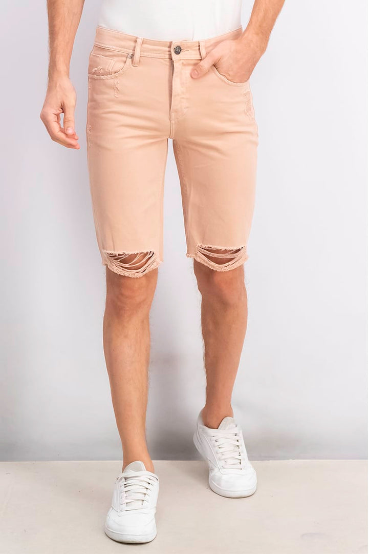 Men Straight Fit Rip Denim Shorts, Tan