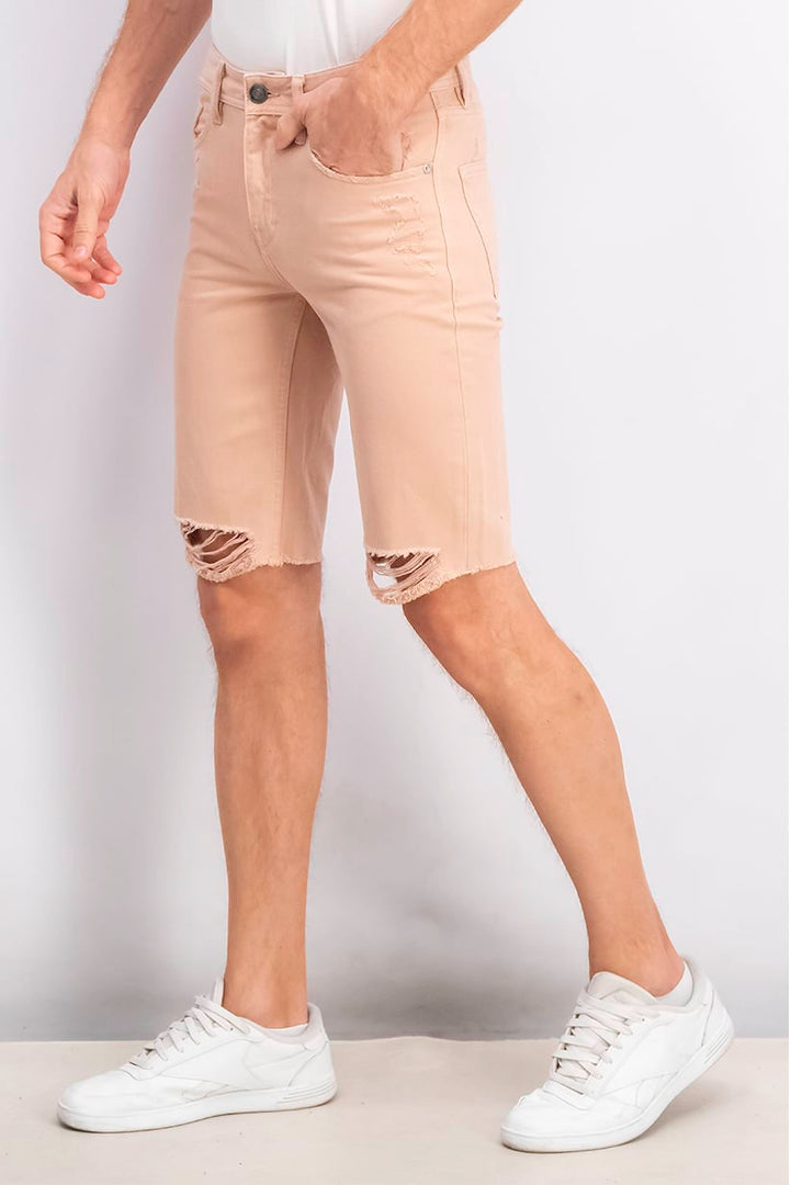 Men Straight Fit Rip Denim Shorts, Tan