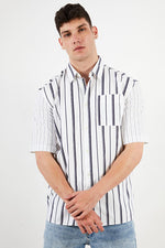 Load image into Gallery viewer, Men Loose Fit Stripe Short Sleeve Casual Shirt, White/Black
