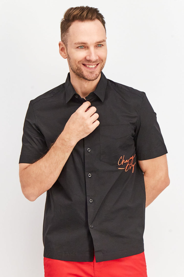 Men Regular Fit Short Sleeve Embroidered Casual Shirt, Black