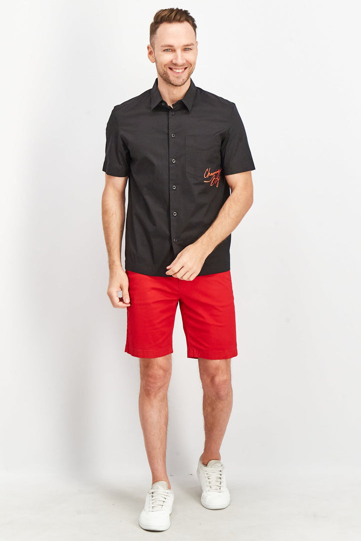 Men Regular Fit Short Sleeve Embroidered Casual Shirt, Black