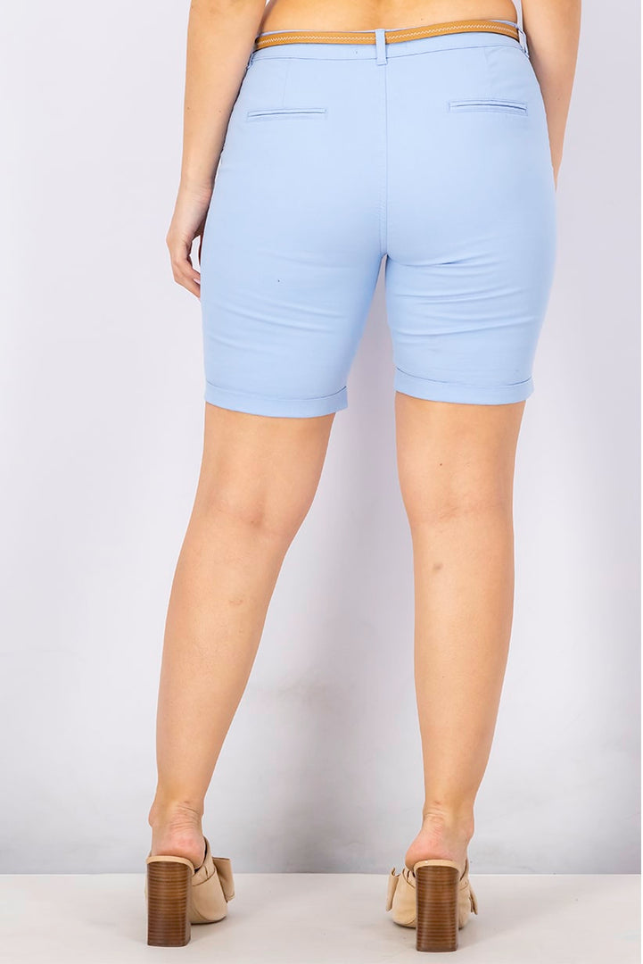 Women Plain Belted Shorts, Blue