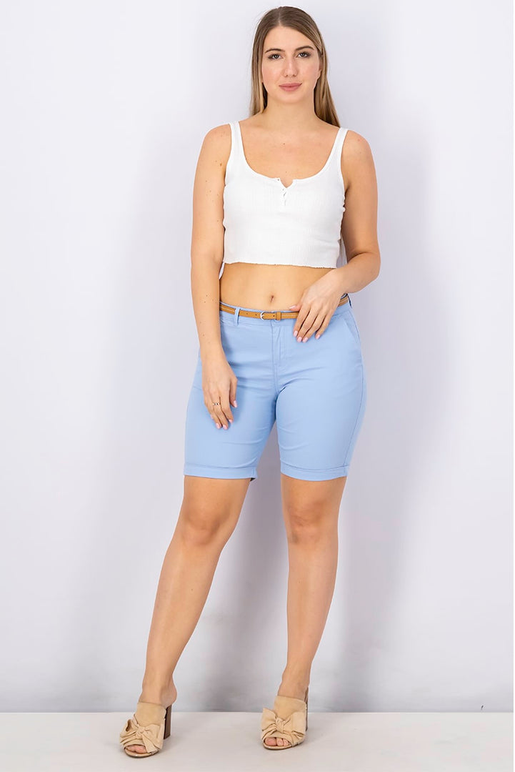 Women Plain Belted Shorts, Blue