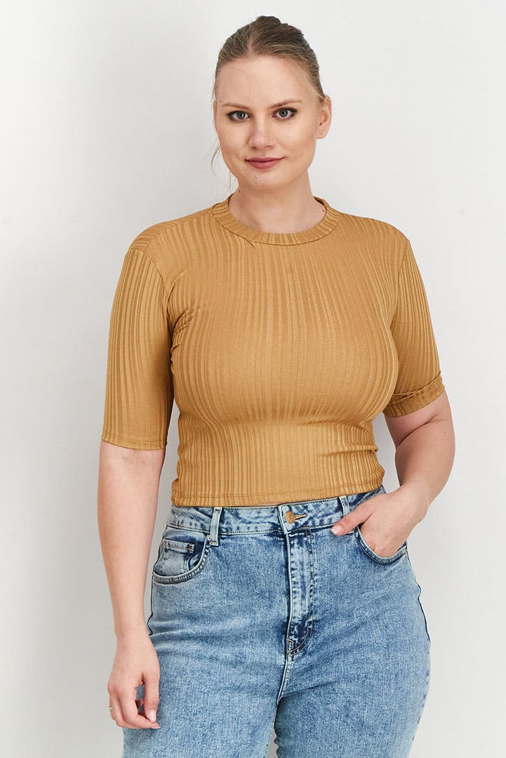 Women Crew Neck Short Sleeve Ribbed Top, Tan