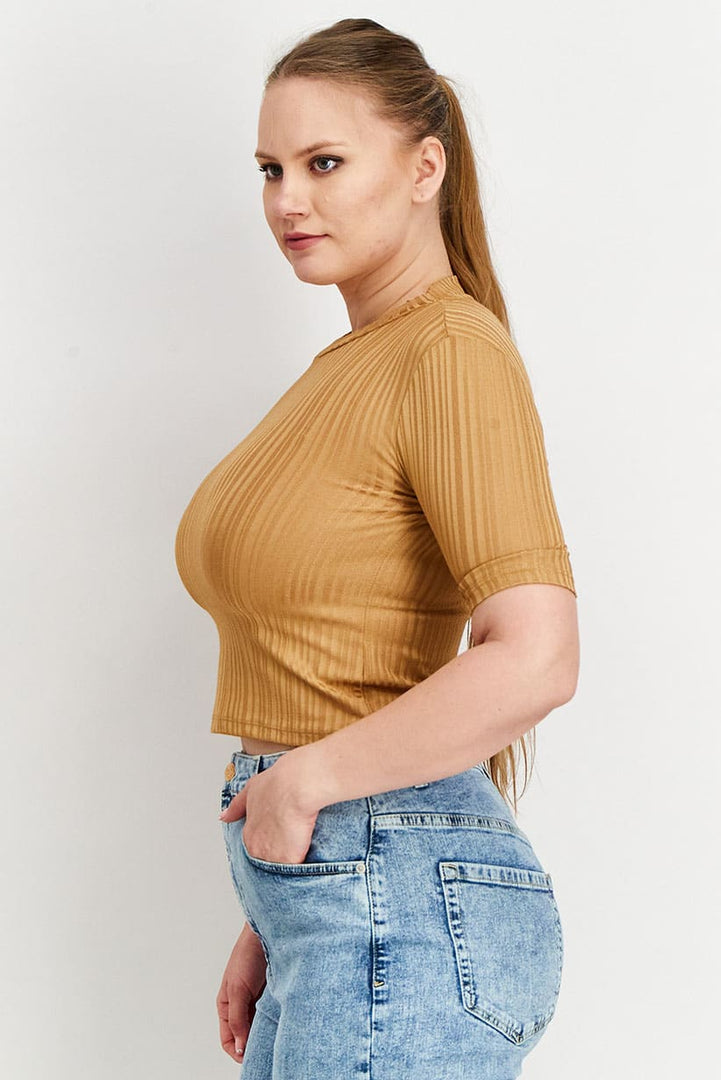 Women Crew Neck Short Sleeve Ribbed Top, Tan