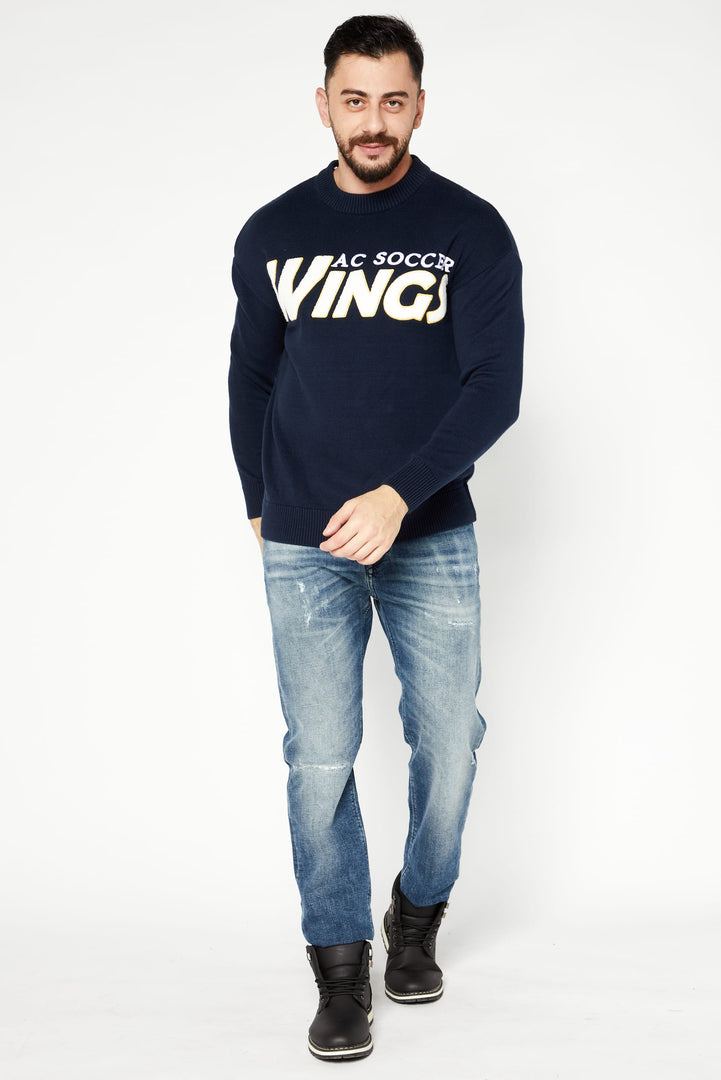 Men Crew Neck Embroidered Sweater, Navy