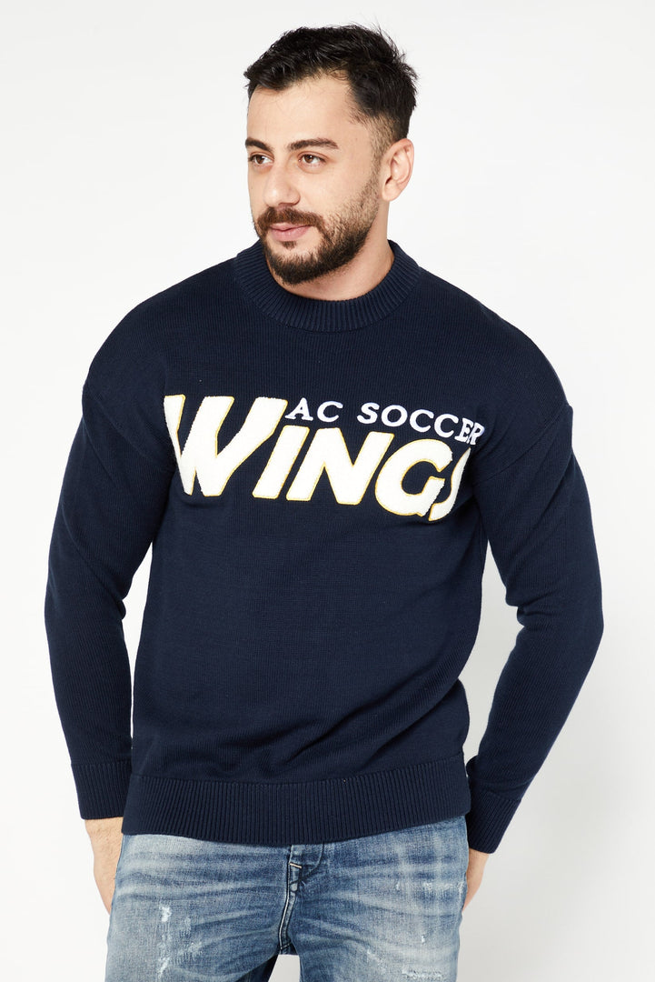 Men Crew Neck Embroidered Sweater, Navy