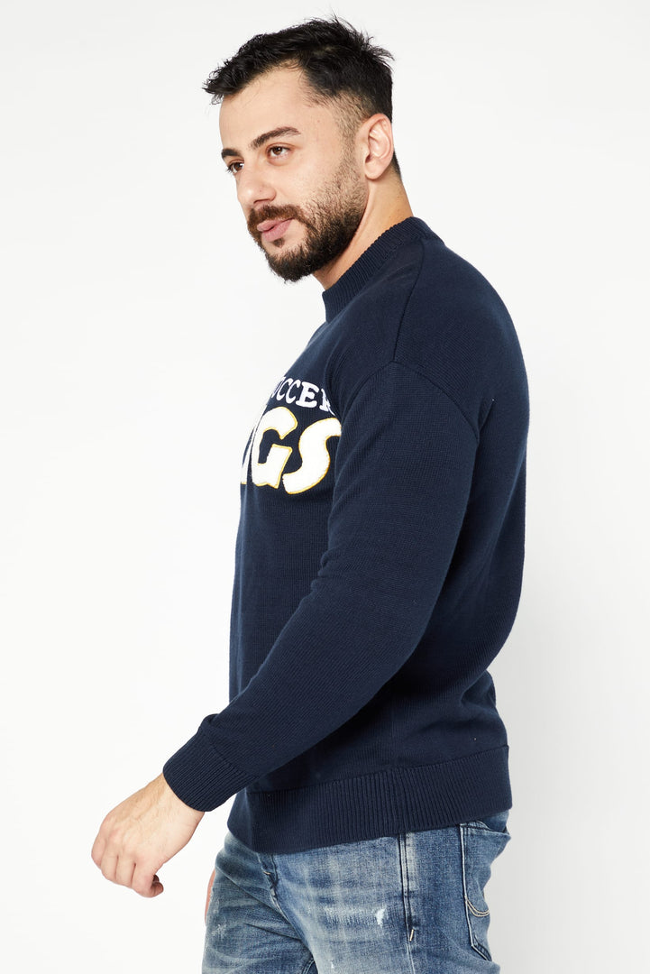 Men Crew Neck Embroidered Sweater, Navy