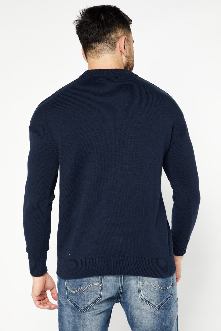 Men Crew Neck Embroidered Sweater, Navy