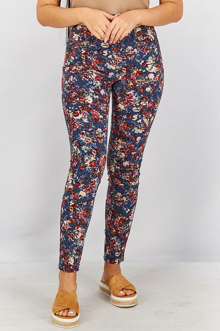 Women Skinny Leg Floral Pants, Navy Combo