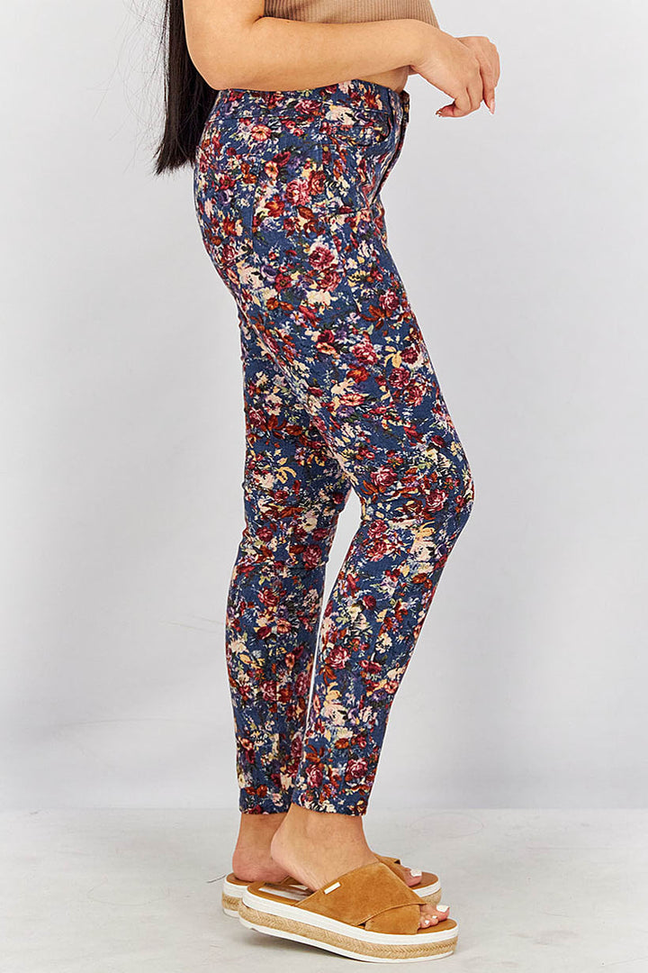 Women Skinny Leg Floral Pants, Navy Combo